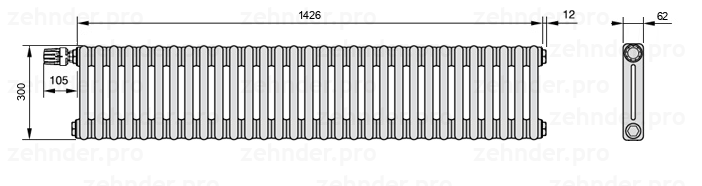 Схема (чертеж) Радиатор Zehnder Charleston 2030/31 №V011 Белый глянцевый RAL 9016
